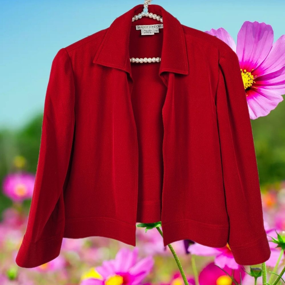 MAGGY LONDON Red Open Front Silk Blazer Jacket